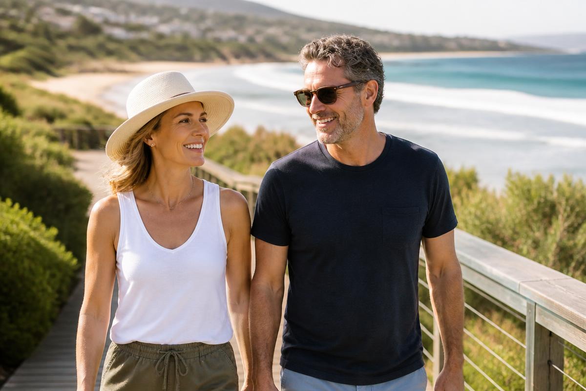 Couple walking together on a coastal boardwalk in Australia