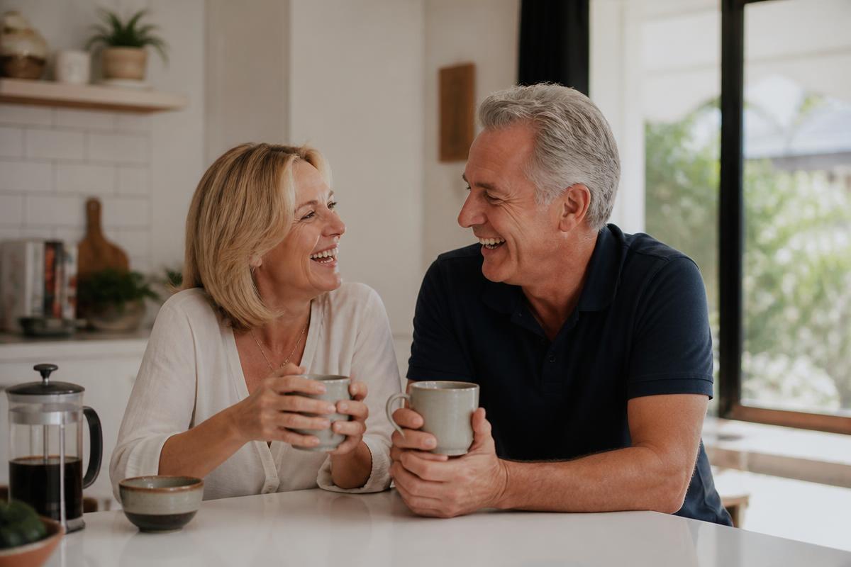 Couple laughing together over coffee in a bright kitchen