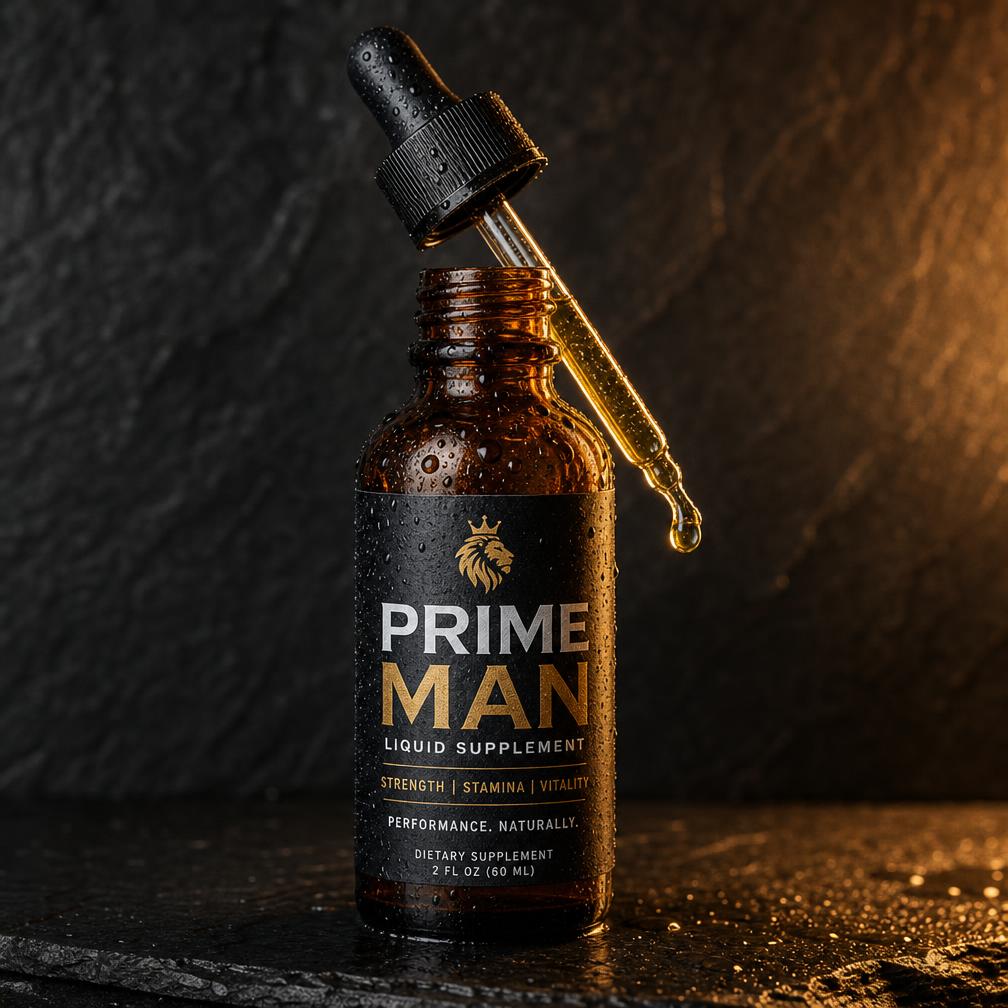 Close-up of a Prime Man dropper bottle with the pipette raised